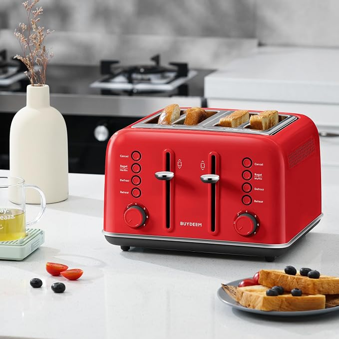 BUYDEEM DT640 4-Slice Toaster, 7 Shade Settings, Extra Wide 1.5’’ Slots for Bagel & English Muffin, 6 Toasting Functions, Retro Stainless Steel Toaster with High Lift Lever, 1800W, Red
