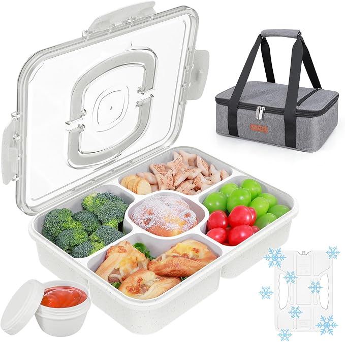 Snackle Box Container with Ice Pack & Insulated Bag - Chilled Snack Tray for Veggie Fruit Snack, Portable Divided Charcuterie with Leak-Proof Clear Lid, Dishwasher Safe, 6+Hrs Cooling