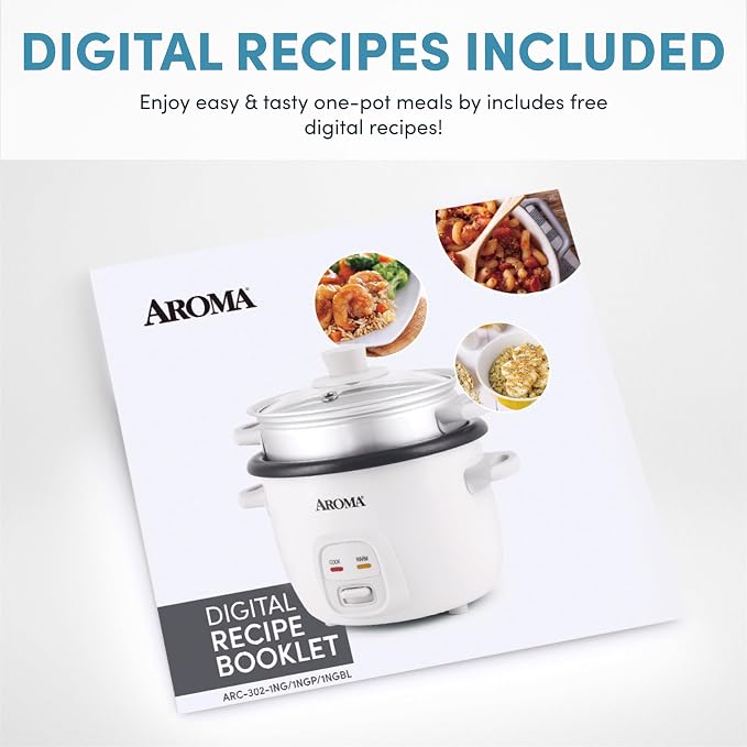 AROMA® Rice Cooker, 2-Cup (Uncooked) / 4-Cup (Cooked), Steamer, Grain Cooker, Soup Maker, Oatmeal Cooker, Auto Keep Warm, 1 Qt, White, ARC-302-1NG