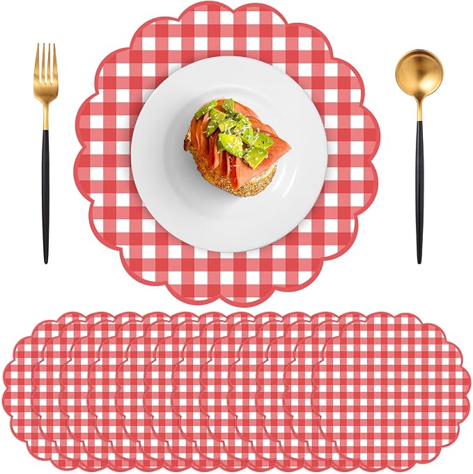 60 Pcs Red and White Gingham Paper Placemats, Scalloped Checkered Place Mat | 13.5 Inch Disposable Picnic Placemats Decorative Paper for Table Setting BBQ Baby Shower Wedding Bridal Banquet Tea Party