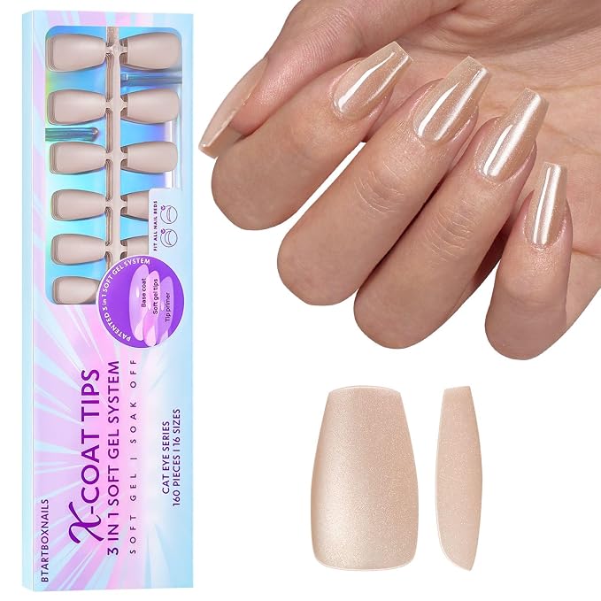 BTArtboxnails XCOATTIPS Cat Eye Press On Nails, Short Coffin, Aurora | Lamp-Curable 4-Week Wear, Salon Quality Value at Home, Natural Nail Look, Easy-to-Apply for Beginners, 1606ct Nail Tips Only