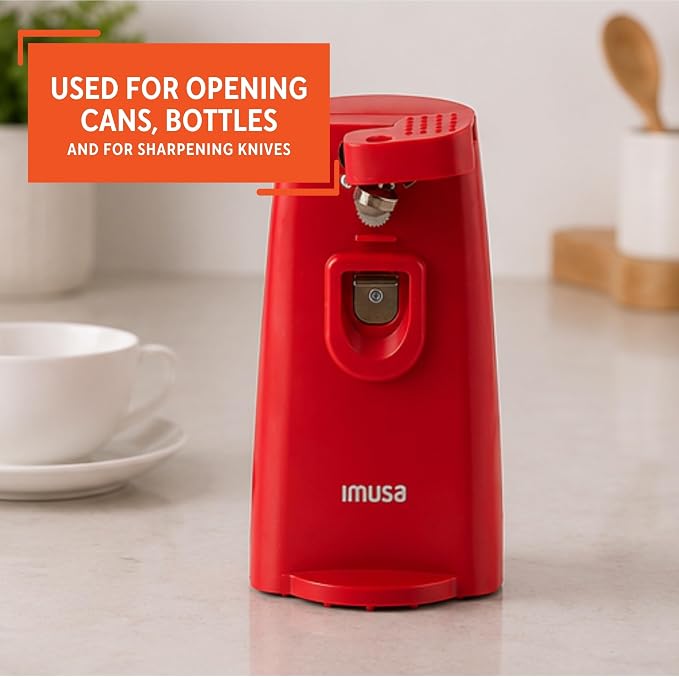IMUSA Red Electric Can Opener with Bottle Opener & Knife Sharpener