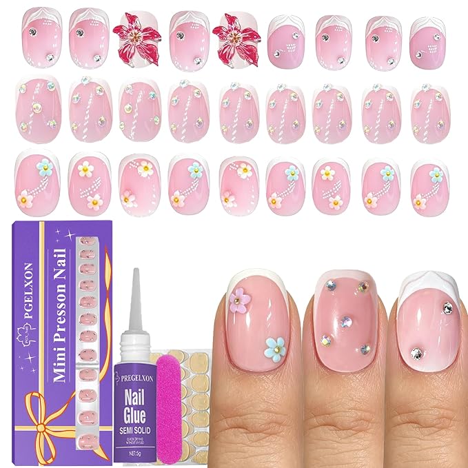 72Pcs Press on Nails for Kids, 3D Nail Rhinestones Flowers for Girls 8-12 | Square Kids Press on Nails, 12 Size, Non-Toxic, Fashion Nail Kit with Adhesive Tabs, Nail File, for Christmas Birthday Party