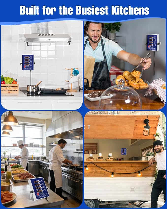 Commercial Kitchen Timer for Cooking, 4 Channel Timer Restaurant Kitchen Supplies, Heavy-Duty Timer - Stainless Steel | Digital LED Technology | Reminder Function | Loud Alarm