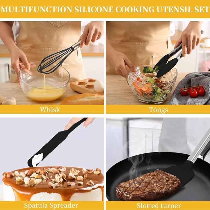 Silicone Kitchen Cooking Utensils Set with Stainless Steel Handle, Spatula Set Utensil Set, Cooking Utensil Set,Kitchen Tools Gadgets for Nonstick Cookware (35, Black)