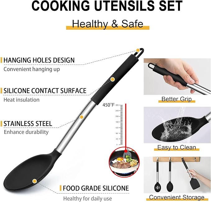E-far Silicone Cooking Utensils Set, 30-Piece Black Kitchen Utensils Set | Heat Resistant Nonstick Cookware, Kitchen Tools Spatulas with Stainless Steel Handle, Spatulas Turner Tong Spoon Whisk Ladle