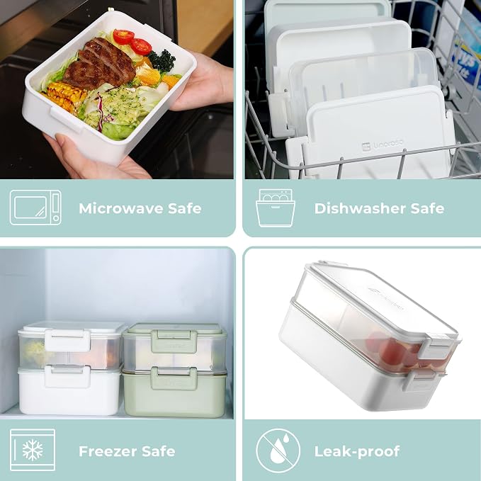 Stackable 2-Tier Adult Bento Box, 4 Compartments - Chalk White | leakproof sauce cups, utensil set included, microwave & dishwasher safe, 7 colors available, ideal for work/school/picnic