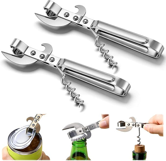 2 Pack 3 in 1 Can Openers, Vintage Can Opener with Dual Sided Blade, Left & Right Hand Friendly, Heavy Duty Stainless Steel Old Fashioned CanOpener, One for Kitchen, One for Camping