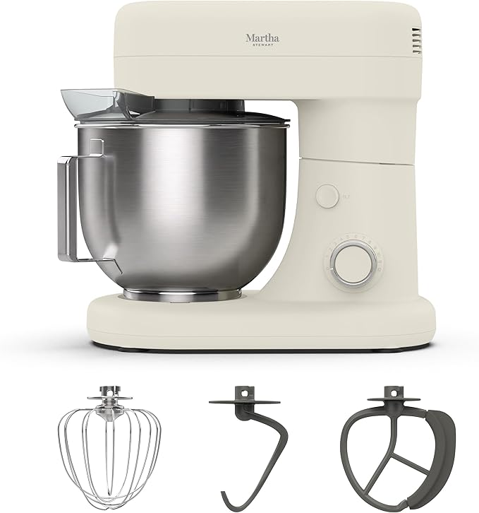 Martha Stewart 5.3QT Tilt Head Stand Mixer, 12 Speeds, Stainless Steel Bowl | Dough Hook, Stainless Whisk, Beater, Removable Splash Shield, Bread, Cake & Whipping, Electric Kitchen Mixer, Linen Cream