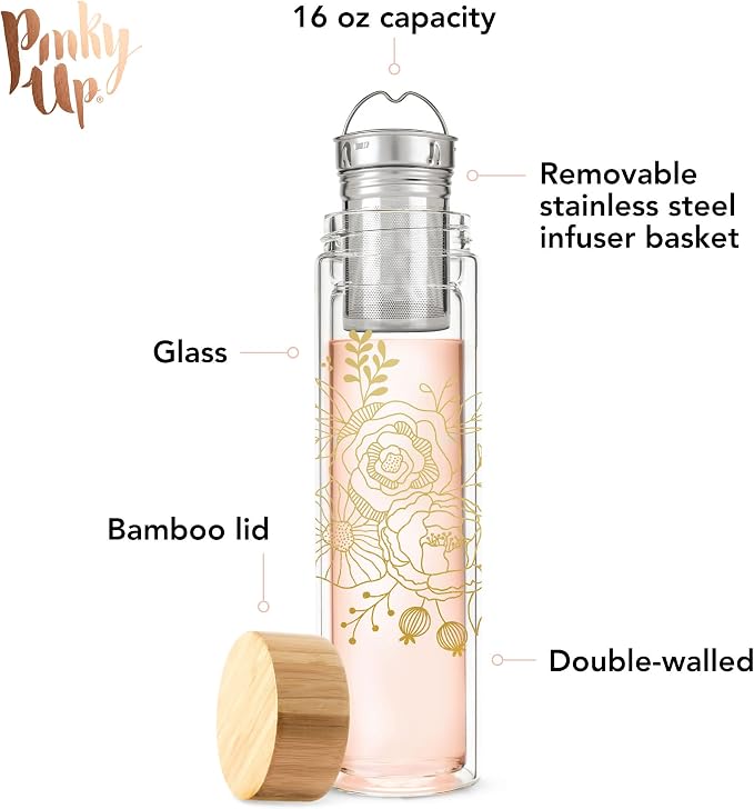 Pinky Up Blair Travel Infuser Mug, Double-Walled Glass, Stainless Steel Strainer, 16 Oz, Bouquet