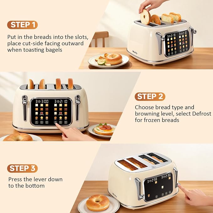 Mecity Toaster 4 Slice, Touch Screen Wide Slot Retro Toaster For Breads Bagel Muffin Waffle, House Warming Gift New Home, 120V 1650W, Cream Color