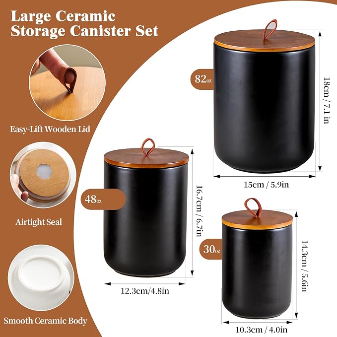 Mowtanco Black Ceramic Canister & Jar Set, Airtight Bamboo Lids 3-Piece | 30/48/82 oz airtight storage containers jars for flour, sugar, tea, coffee, pasta, nuts, kitchen counter canister set