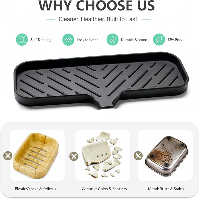 MicoYang Silicone Soap Dish with Drain Spout — Self-Draining Double Sink Organizer Tray for Kitchen & Bathroom, Dispensers, Sponges & Soap Holder, Non-Slip & Dishwasher Safe, Black (Large, 12"×4")