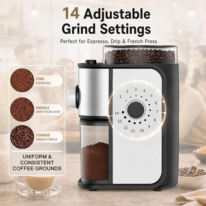 Flat Burr Coffee Grinder Electric, Coffee Grinder with 14 Grinding Levels, Burr Mill Grinder with Large Bean Hopper, Compact Design for Home&Office, Brushed Silver