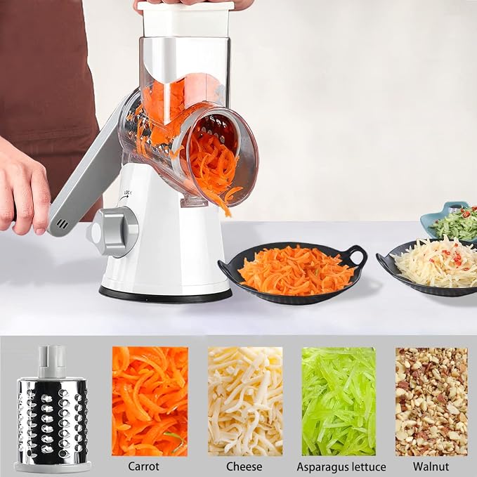 Handheld Rotary Cheese Grater Shredder- 3 Interchangeable Stainless Steel Drum Blades Manual Round Mandolin Vegetable Slicer Nut Grinder with Upgraded Strong Suction Base & Free Sharp Peeler, White