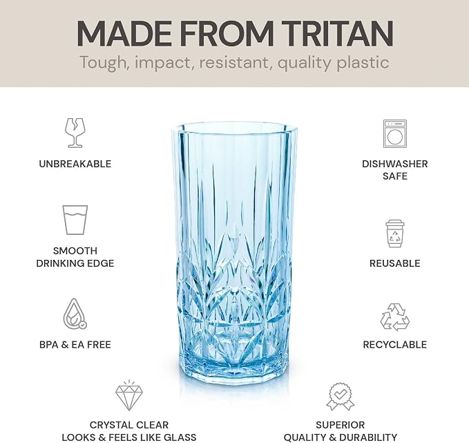 BELLAFORTE Shatterproof Tritan Tall Tumbler, Set of 4, 18oz - Myrtle Beach Drinking Glasses - Unbreakable Plastic Drinking Glasses for Gifting, Parties, New Year - BPA Free - Dishwasher Safe - Blue