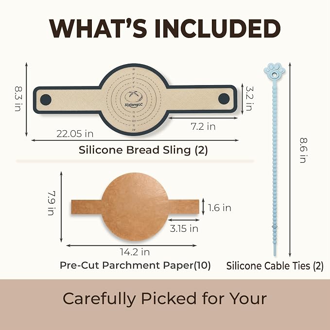 Silicone Bread Sling for Dutch Oven, 2-Pack 7.2" Long Handle Sourdough Baking Mat, 500°F Heat Resistant Dough Transfer Slings with 10 Parchment Sheets & 2 Cable Ties