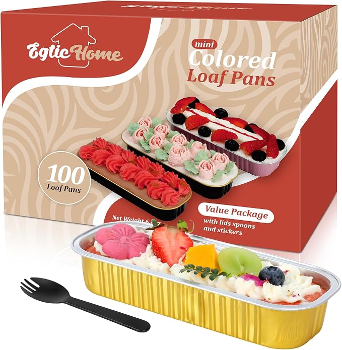 EgticHome Mini Loaf Pans with Lids and Spoons (100 Pack, Gold, 6.8oz) Rectangular Aluminum Foil Baking Pans