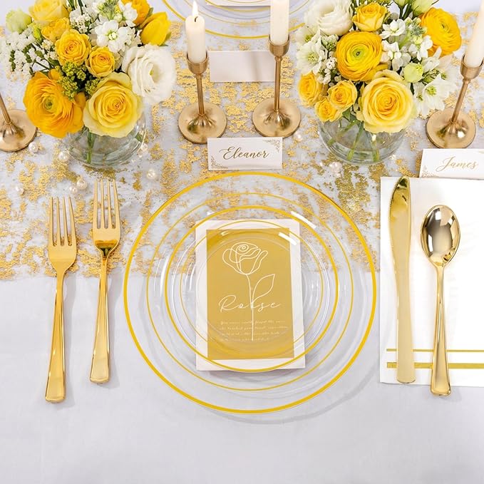 GATHER 350PCS Clear Plastic Plates with Gold Rim for Wedding and Party | Clear and Gold Disposable Dinnerware Sets include 100 Plates, 150 Silverware, 50 Napkins, 50 Cups for Anniversary Birthday