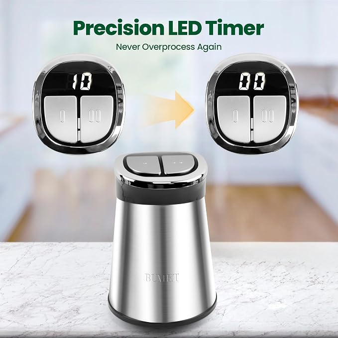 BUMET 800W 2-12cup Food Chopper LED Timer 3-Tier 6 Blades | duo-bowl with LED countdown, 6-edge stainless tier-cutter. Handles roasts, root veg, nuts – bulk family prep made easy.