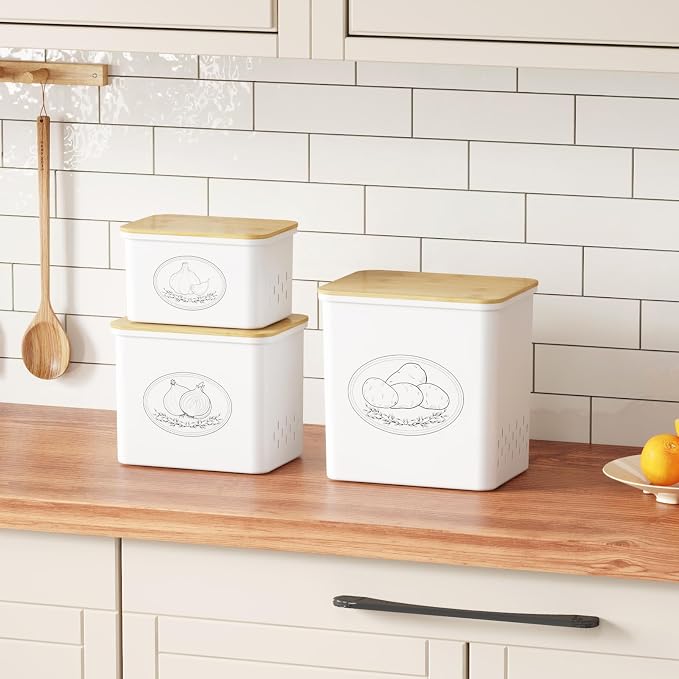 Lifewit Plastic Potato and Onion Storage Bin Box, Set of 3, White | Stackable Garlic Keeper, Vegetable Container Box, Aerating Holes & Lid for Pantry Countertop