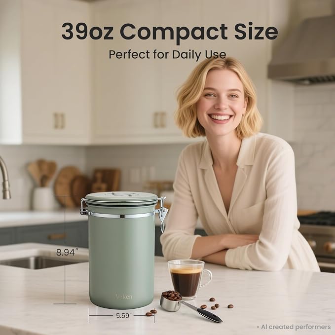 Veken Coffee Canister,39OZ, 2.2lbs,Large Airtight Stainless Steel Container | Kitchen Food Storage Jars for Beans,Ground, Espresso, Rice,Tea, Sugar, Cereal, Cookie, Gifts, Lids, Scoop, Green