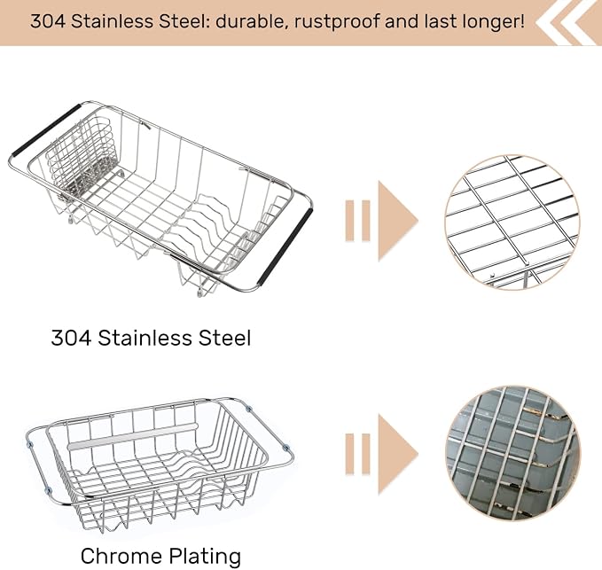 Sink Dish Drainer Rack, Expandable Stainless Steel Dish Drying Rack | 304 Stainless Steel Sink Rack with Utensil Holder, Adjustable 14.96"-20.59", Fits Inside Sink, Holds Up to 7 Upright Utensils