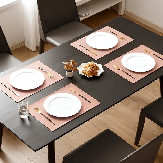 MOSAYT Vinyl Placemats Set of 8-12 X 17 Inch - Faux Leather 100% Waterproof Oil-Proof Wipeable PU Place Mats, Heat Resistant Reversible Table Mats for Kitchen, Dining, Outdoor, Pink