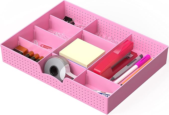 Simple Houseware Drawer Organizer Tray, 9 Adjustable Compartments, Pink | For Office, Makeup, and Craft Drawer or Desktop Storage