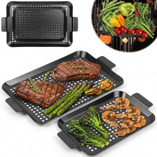 Grill Tray Set Of 2 Outdoor Grill Pans Tray Grill Pans with Hole Nonstick Barbecue Grilling Baskets for Outdoor Camping Vegetable Meat (2 grill pan)
