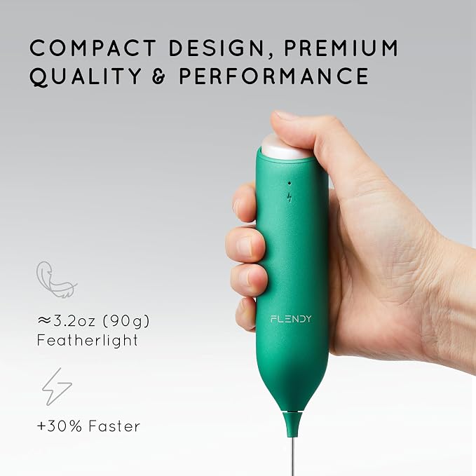 Flendy Rechargeable Milk Frother Handheld with Charging Stand | USB-C Charging Dock, 2 Detachable Double Whisk, Extra Long Mixer Wand, Wall Mount, Top Button, Compact Electric Stirrer