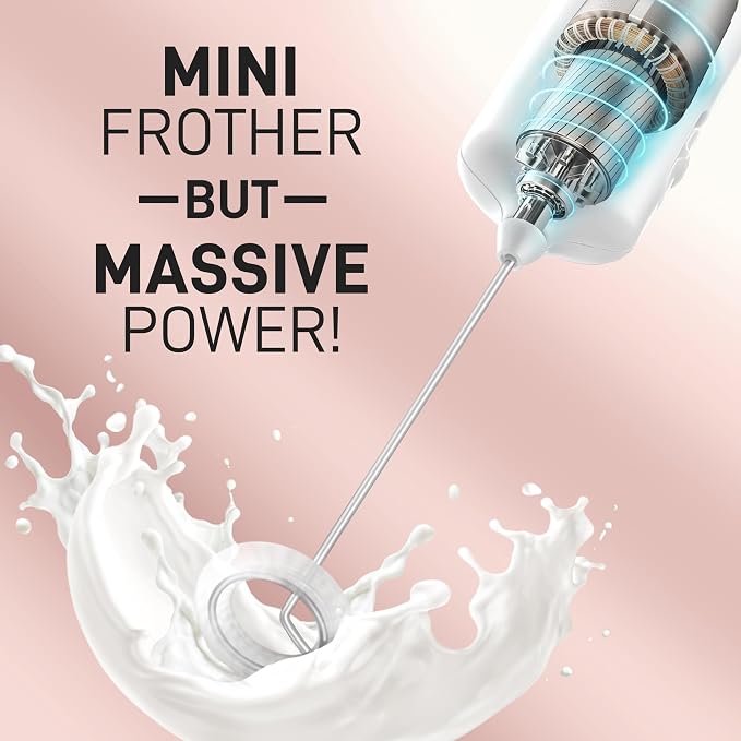 Mini & Mighty Milk Frother Wand – Powerful Handheld Coffee Frother, Battery Operated Drink Mixer – Compact Pocket Size – Detachable Whisk for Latte, Cappuccino, Matcha, Hot Chocolate