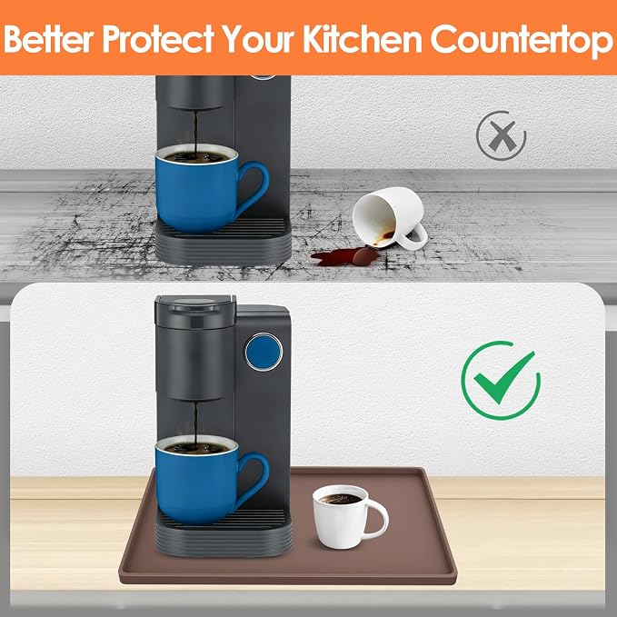 Silicone Coffee Maker Mat with Lip for Countertops, 15.7'' x 11.8'', Brown | Multi leak-proof coffee tray for countertop, non-slip silicone mat fits most coffee makers & espresso machines, wipe-clean