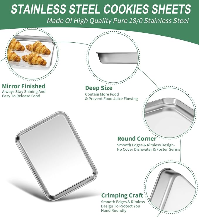 Baking Sheets Set of 2, HKJ Chef Cookie Sheets 2 Pieces Stainless Steel Baking Pans & Toaster Oven Tray Pans, Rectangle Size 9L x 7W x 1H inch & Non Toxic & Healthy & Easy Clean