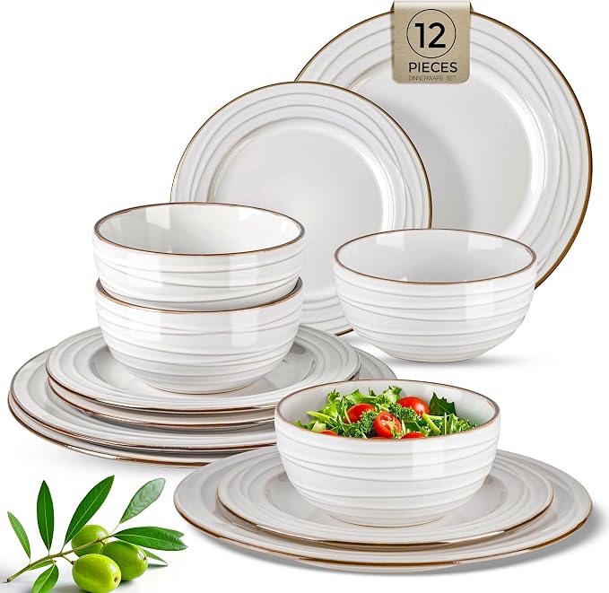 GBHOME Ceramic Dinnerware Sets,12 pcs Embossed Elegant Stoneware Plates and Bowls Sets, Housewarming Wedding Gift | Dishwasher & Microwave Safe | Dishes Set Service for 4 | Embossed Elegant Stoneware Dishes Set | Dishwasher & Microwave Safe | Service f...