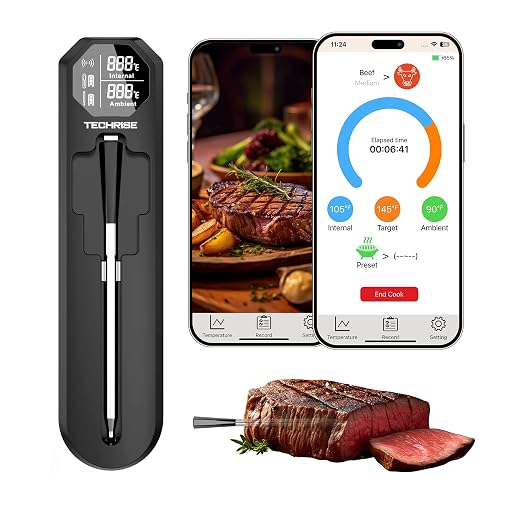 TechRise Bluetooth Wireless Meat Thermometer with APP,Wireless Meat Thermometer Digital for Oven,Smoker,Air Fryer,Kitchen Cooking,Instant Read Digital Probe with Alarm, Long Range,Rechargeable,Black
