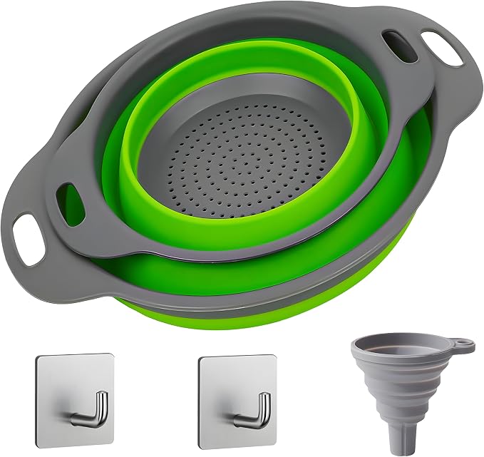 UVB Collapsible Colander Set, Space-Saving Foldable Kitchen Strainer for Pasta, Vegetables & Fruit, Colander for Kitchen with 2 Stainless Steel Hooks & 1 Silicone Funnel – Green