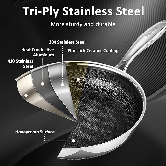 SAKAMOSH 11" Hybrid Nonstick Frying Pan,Stainless Steel, Induction Safe | PFAS/PFOA/PTFE-Free Ceramic Pan, Dishwasher & Oven Safe, Skillet WithStay-Cool Handle, Compatible with All Cooktops
