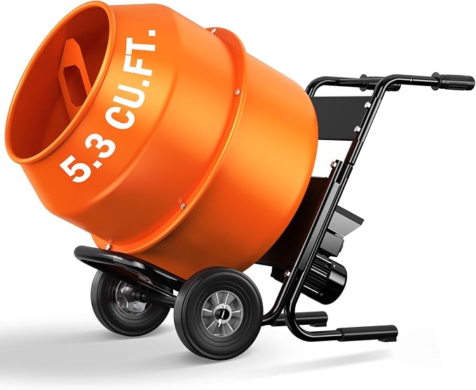 140L Electric Cement Mixer With a Bracket, 5.3 Cubic Ft. 750W 1HP Portable Concrete Mixer Machine with Stand And Wheels for Stucco, Mortar, Seeds, Orange-2026 Upgraded