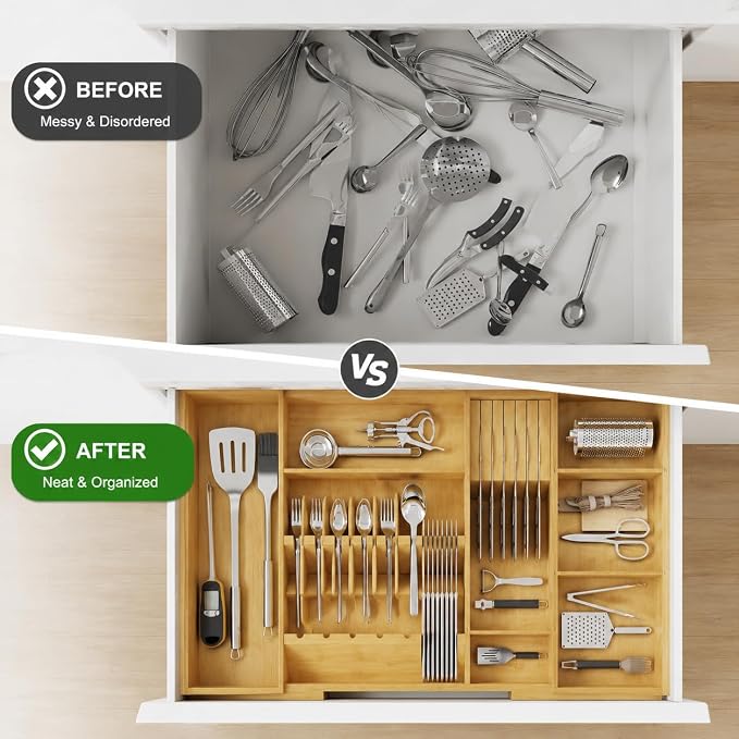 Bamboo Expandable Kitchen Drawer Organizer, 17.7-29.5 in,Natural | 5-8 detachable slots, equipped with dedicated tool slots for butter knives, storing tableware and saving space