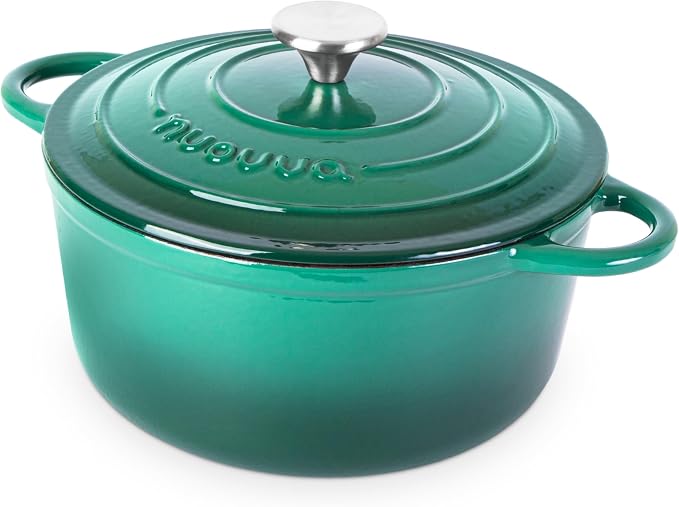 Cast Iron Dutch Oven with Lid - Non-Stick Ovenproof Enamelled Casserole Pot - Sturdy Dutch Oven Cookware - Dark Green, 5-Quart, 24cm - by Nuovva