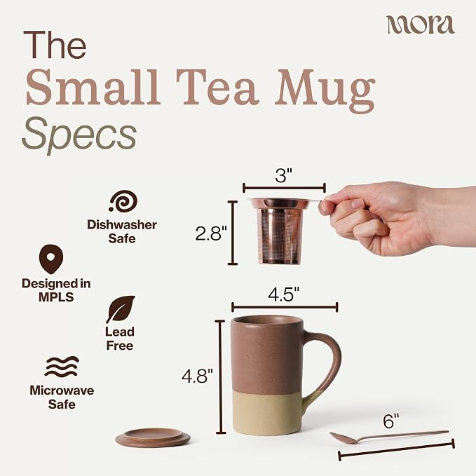 Mora Ceramics Tea Cup with Loose Leaf Infuser, Spoon and Lid 12 oz, Microwave and Dishwasher Safe Coffee Mug - Rustic Matte Ceramic Glaze, Modern Herbal Tea Strainer - Great Gift for Women, Terracotta