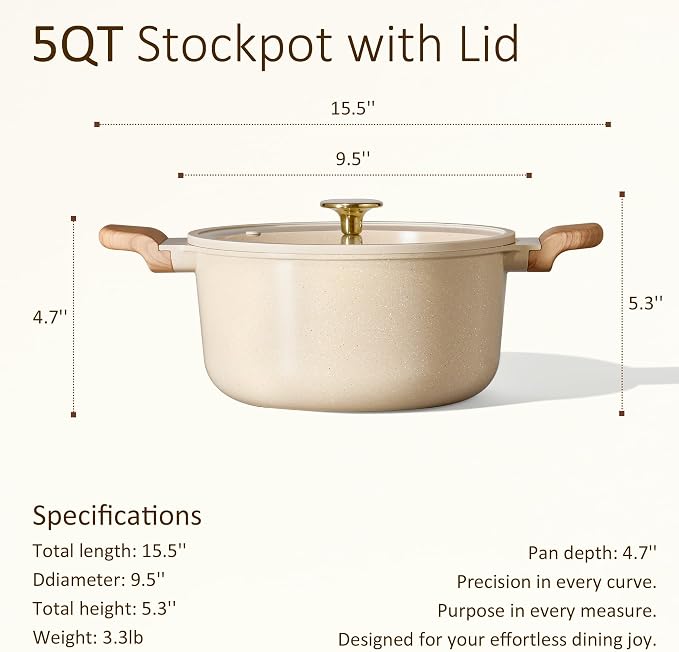 CAROTE 5 Qt Nonstick Stock Pot with Lid Soup Pot, Ceramic 5 Quart Casserole with Lid, Easy to Clean Non Stick Cooking Pot Cookware PFOA Free, Ceramic Oatmeal