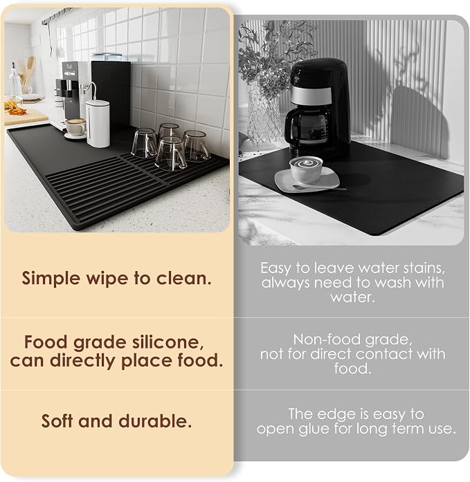 Silicone Coffee Mat with Raised Edges, , 24'' x 16'', Bar Mat for Countertops, Bar Accessories, Coffee Maker Mat, Espresso Machine, Dish Drying Mat (BLACK)