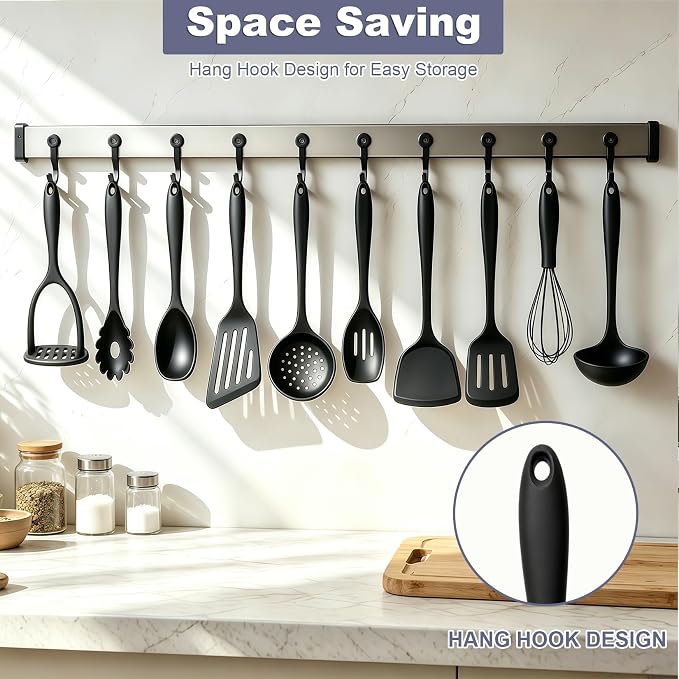 Thickened Silicone Cooking Utensils Set, 10Pcs Nonstick Kitchen Utensil Set with Solid Handle, Heat Resistant Silicone Spatula Set for Cooking, BPA Free Utensils Set with Potato Masher(Black)