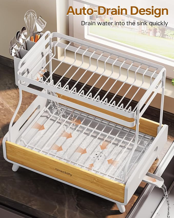 Urackify 2-Tier Stainless Steel&Bamboo Dish Rack for Kitchen Counter,White | Two-Tier Storage, Modern Bamboo Design, Large Capacity, Self-Draining, Rust-Resistant