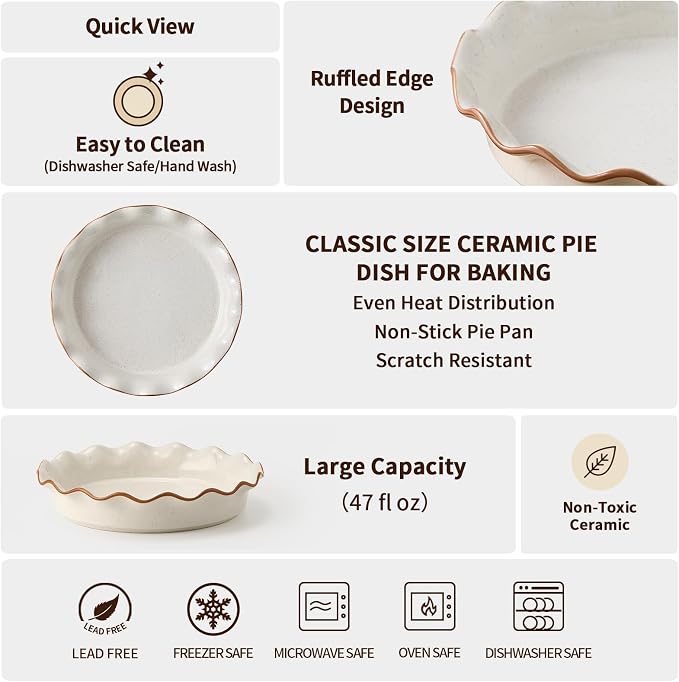 Ceramic Pie Pan for Baking[10.5 inch],Reusable NonStick Ceramic Baking Dish | Reusable NonStick Ceramic Pie Plate with Ruffled Edge,Deep and Fluted Pie Dish for Apple Pie,Quiche,Pot Pie, Tart, etc（White）