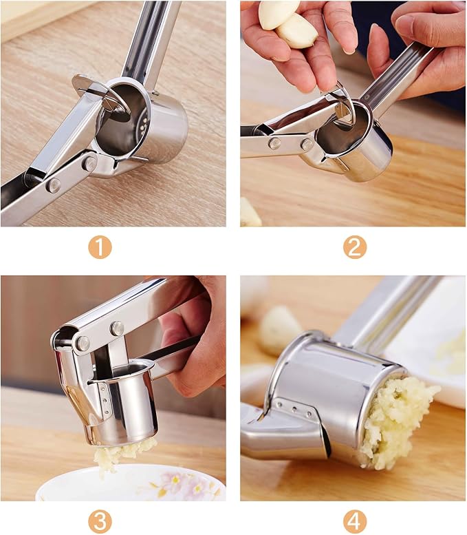 Garlic Press Stainless Steel - Premium Professional Grade Garlic Mincer, Crusher & Peeler Set - Easy Clean, Dishwasher Safe & Rust-proof (B)