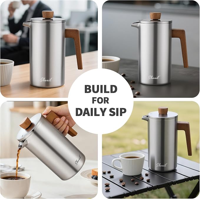French Press Coffee Maker, 34oz Stainless Steel Coffee Press Real Wood Handle, Double Wall Insulated French Coffee Press with Dual-Filter Screen, Perfect for Camping & Kitchen Use