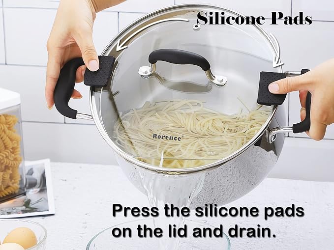 Rorence 6 Quart Stainless Steel Stock Pot, Induction Cooking Pot with Lid | Stockpot Pasta Pot with Two Side Spouts, capsule Bottom, Strainer Glass Lid